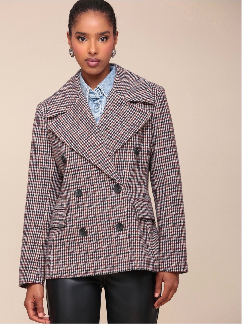 Avec Les Filles Houndstooth Double-Breasted Blazer - Red & Black